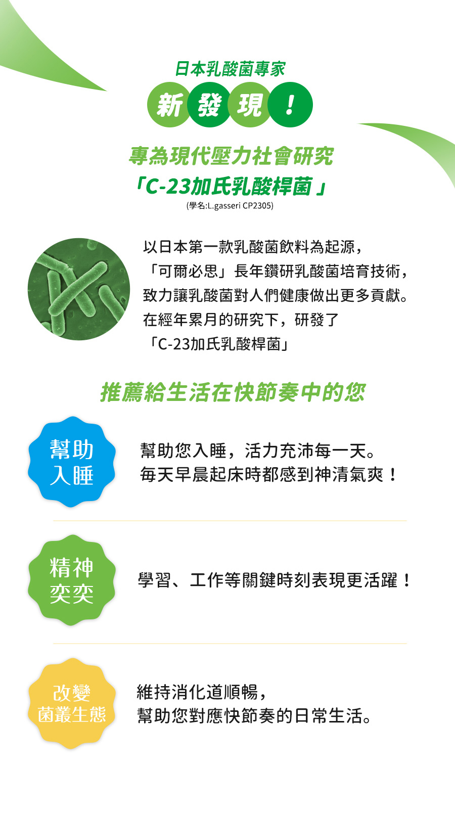 日本乳酸菌專家,可爾必思,C-23加氏乳酸桿菌,可欣可雅,C-23乳酸菌,乳酸菌新發現,幫助入睡,精神奕奕,改變菌叢生態